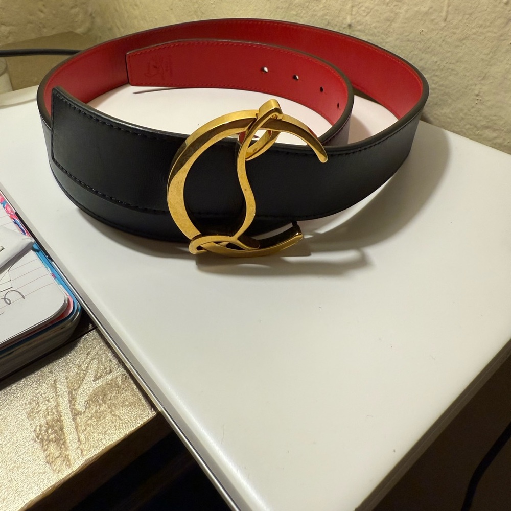 Christian Louboutin Black and Red Belt with Gold Accent